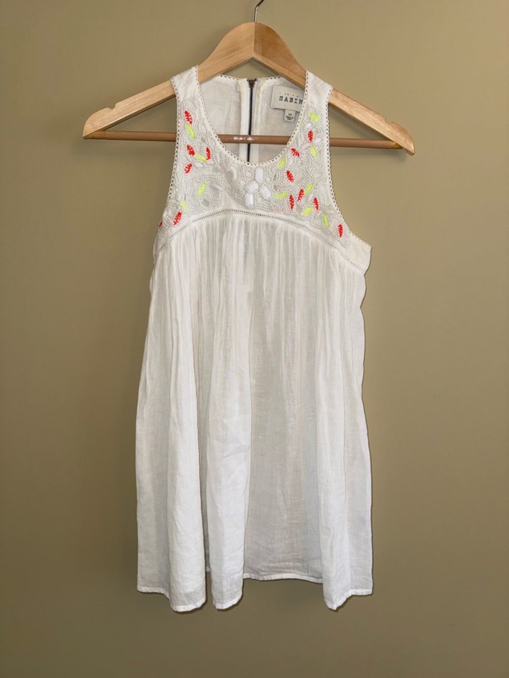 Sabine Beaded Sleeveless Flowy Top Size XS White Cotton Beach Resort Feminine